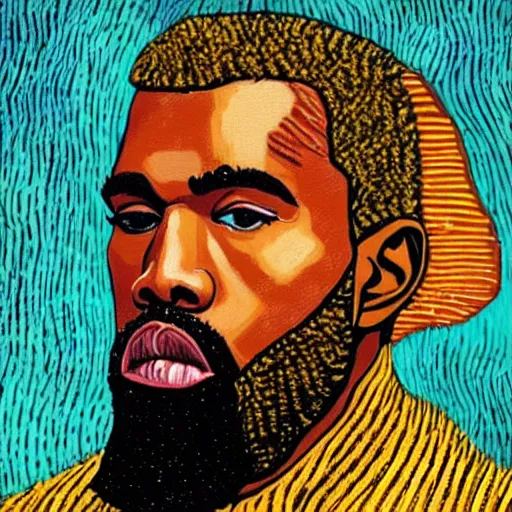 Prompt: a portrait of kanye west in a turtle neck sweater in the style of vincent van gogh, artistic, colorful, vibrant, art, high fashion
