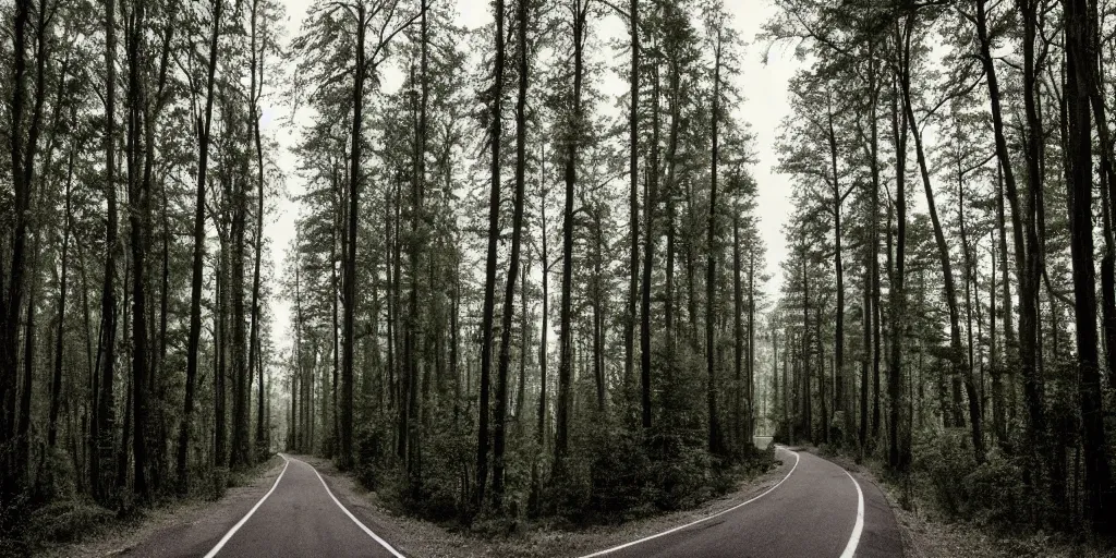 Image similar to road between tall trees, dense forest, dark night, no light