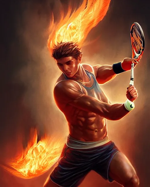 Image similar to Muscular male tennis player hitting a powerful ball of fire, art deco, fantasy, intricate fire designs, elegant, highly detailed, sharp focus, art by Artgerm and Greg Rutkowski and WLOP