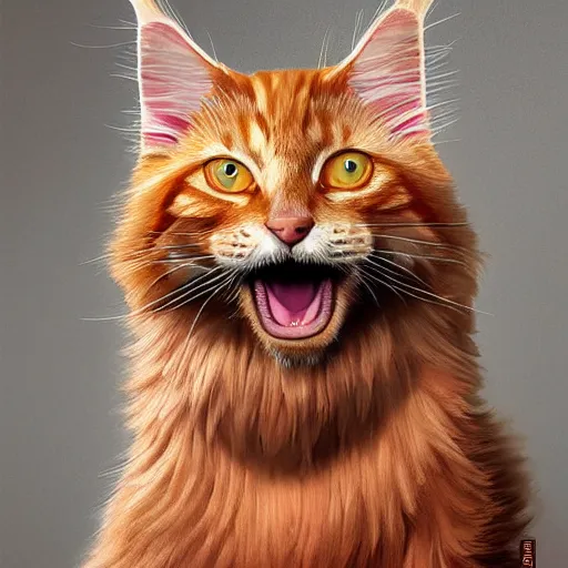 Image similar to orange maine coon cat yawning, norwegian forest cat, cuddly fur, highly detailed, sharp focus, digital painting, artwork by Victor Adame Minguez + Yuumei + Tom Lovell + Sandro Botticelli