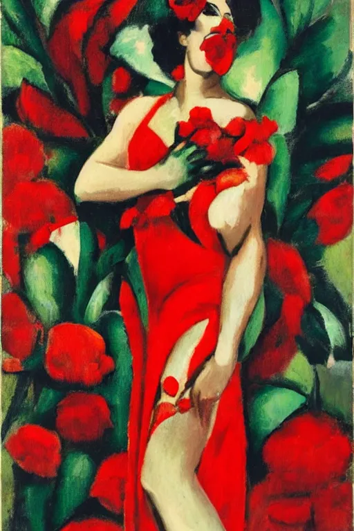 Image similar to spanish flamenco dancer in mallorca wearing a red dress made of flowers by artist tamara de lempicka