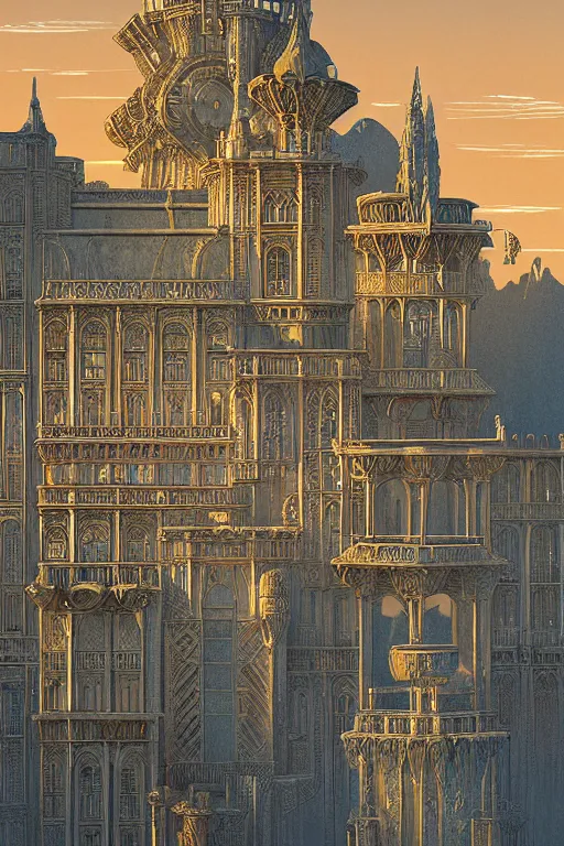 Image similar to ancient silver tower of the moon, distance view, fairytale illustration, elaborate carved latticed balconies, tall windows, moorish architecture, formal gardens, dramatic cinematic lighting, soft colors, golden age illustrator, unreal engine, by Andreas Rocha and Ludwig Deutsch and (Maxfield Parrish)