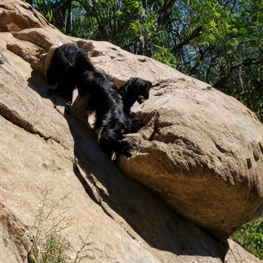 Image similar to Talgart climbing dangerous boulder and licking top.