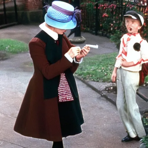 Image similar to Mary Poppins (played by Julie Andrews) handing children cigarettes and a zippo lighter, colorized