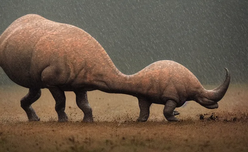 Prompt: nature photography of a rain soaked triceratops and her baby, african savannah, rainfall, muddy embankment, fog, digital photograph, award winning, 5 0 mm, telephoto lens, national geographic