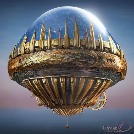 Image similar to enormous flying city in a faberge egg, sky, steampunk, fantasy art, unreal engine,