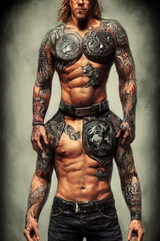 Prompt: Photorealistic Portrait of frontal standing pose torso of a very attractive muscular Jax Teller all his skin covered by dark grim themed tattoos: surrounded by magic lightings overlays, Intricate, concept art, magic lighting overlays, magical portal opened, D&D!, fantasy style, sharp focus!, ultra detailed, art by Artgerm and Peter Andrew Jones, WLUP, Magali Villeneuve