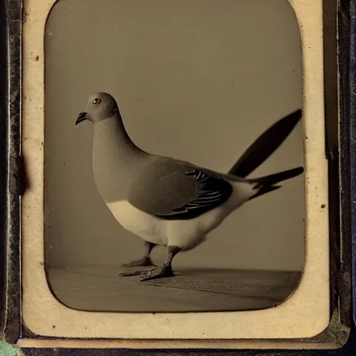 Prompt: Tintype photograph of chonky pigeon as an overweifght subject. 1990s studio lighting.