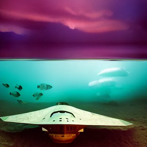 Image similar to dreamlike film photography of a 1880s art nouveau stealth bomber made of wood at night underwater in front of colourful underwater clouds by Kim Keever. In the foreground floats a seasnake. low shutter speed, 35mm