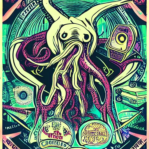 Image similar to Cthulhu as a modern day business man with a family and a drug and gambling addiction, psychedelic , 50s style infomercial , award winning , retro futuristic , Shepard fairey