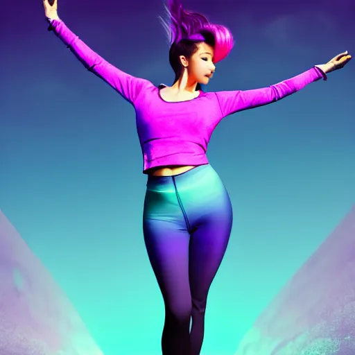 Image similar to a award winning full body shot of a beautiful woman in a croptop and leggings with a ombre purple pink teal hairstyle with head in motion and hair flying, outrun, vaporware, highly detailed, fine detail, intricate