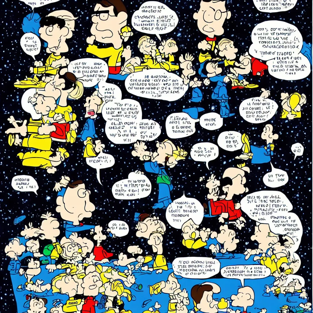 Prompt: chris kattan as spock in the style of charles schulz, star trek, peanuts, comic, cartoon, smooth lines