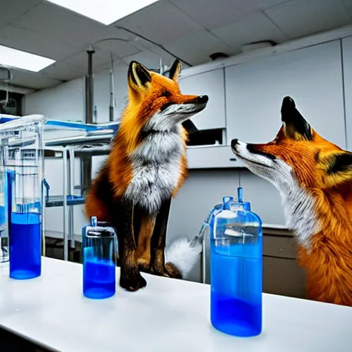 Image similar to fox animals conducting experiments in a chemistry lab, award winning photograph