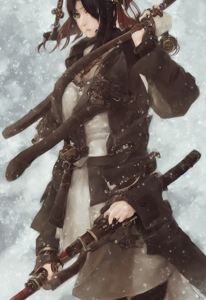 Prompt: portrait of steampunk girl samurai with double swords combat pose in snow forest trending on artstation krenz cushart