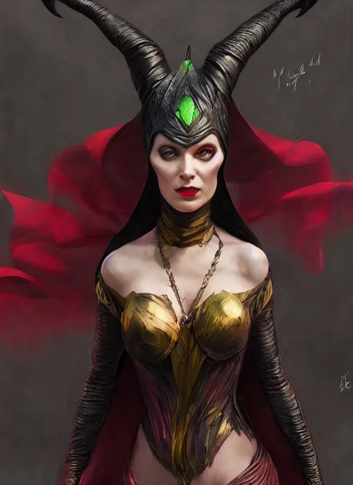 Image similar to scarlet witch as maleficent, naturel, hyper detailed, digital art, trending in artstation, cinematic lighting, studio quality, smooth render, unreal engine 5 rendered, octane rendered, art style by klimt and nixeu and ian sprigger and wlop and krenz cushart