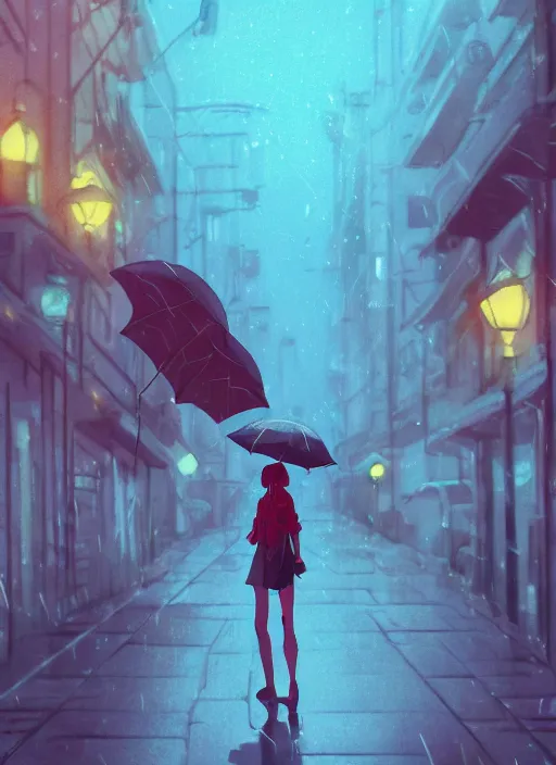 Prompt: listening to music at 2 am, night, pretty girl, pose, rain, lofi, lofi, peaceful, street light, anime key visual, poster, street wears, anime, by ghibli, ghibli studio high quality, 4 k, trending, trending on artstation