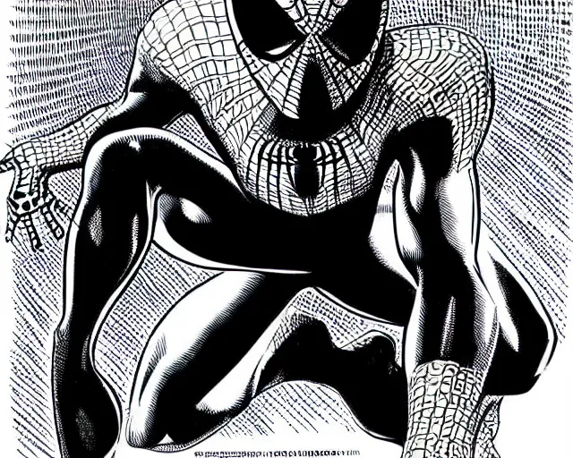 Image similar to photorealistic sketch of black spider - man with gold webbing by steve ditko