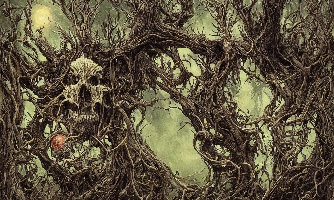 Image similar to hyperdetailed art nouveau portrait of treebeard as a chimera eyeball skull dragon monster, by micheal whelan, simon bisley and bill sienkiewicz, grim yet sparkling atmosphere, photorealism, thorns, claws, teeth, fangs, night in the forest, wild, crazy, scary, horror, lynn varley, lovern kindzierski, steve oliff