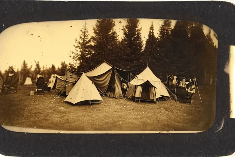 Prompt: tintype photo of a campsite with bonfire