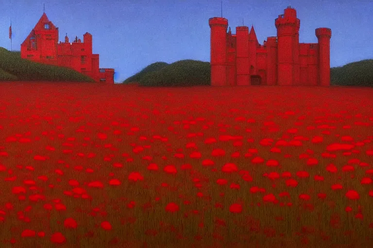 Image similar to only with red, red flowers of different types, a castle in the background, red giants rest over the flowers, in the style of beksinski, part by hopper, part by rodcenko, part by hofbauer, intricate composition, red by caravaggio, insanely quality, highly detailed, masterpiece, red light, artstation, 8 k