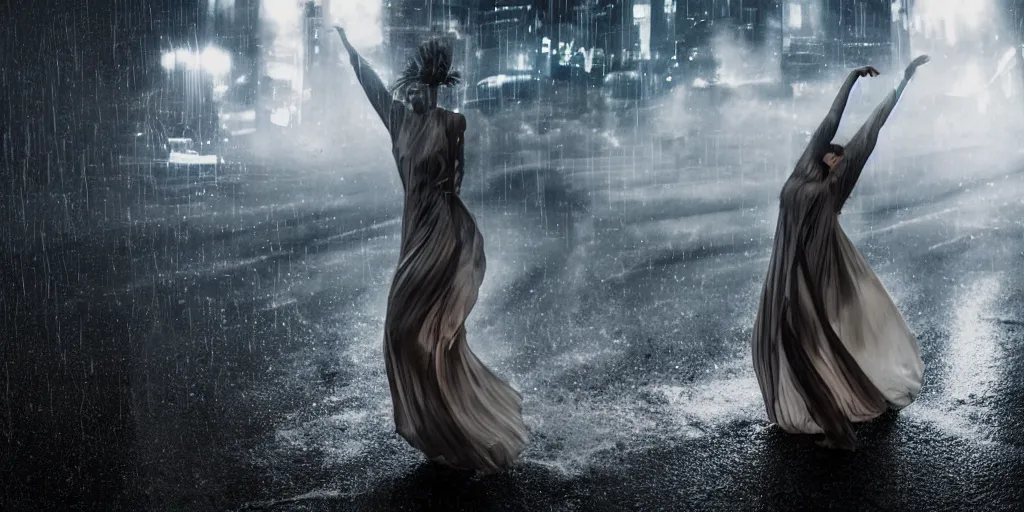 Prompt: fisheye slow motion with trail effect of futuristic break dancer wearing floating long dress, long exposure shot , at night in the middle of a rainy street, paddle of water, steam, fog, water splashes, rim lights, glossy reflections, water droplets on lens, octane render, dark and dramatic, detailed and soft, tongue of fires