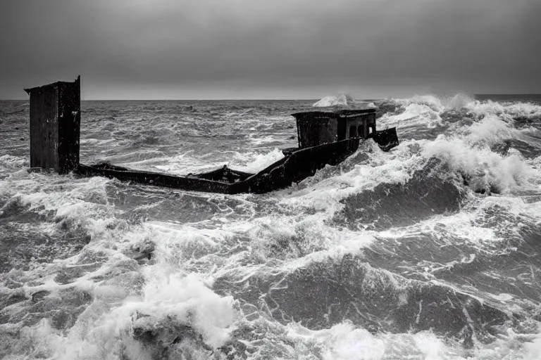 Image similar to high key lighting, lighting storm, danila tkachenko, shipwreck, photograph of an abandonet soviet building bloc in the middle of the ocean, big waves