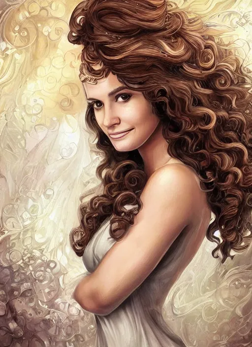 Image similar to beautiful angel woman, brunette smiling , curly hairstyle, looks like Ebru Şahin, Reyyan, looks like Fabiula Nascimento, looks like Laura Barriales, looks like Julia Roberts, D&D, fantasy, intricate, elegant, highly detailed, digital painting, artstation, concept art, character design, smooth, sharp focus, illustration, art by artgerm and greg rutkowski and alphonse mucha