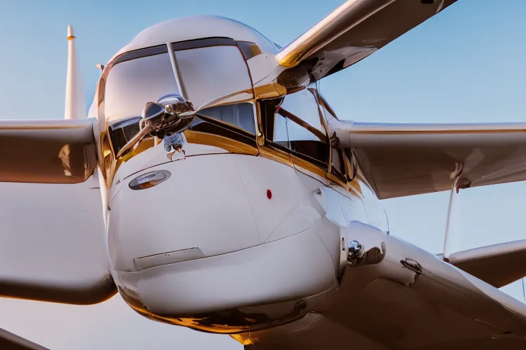 Prompt: close up front photograph of a happy smiling cessna aircraft, DSLR, raytraced, golden hour, 4k