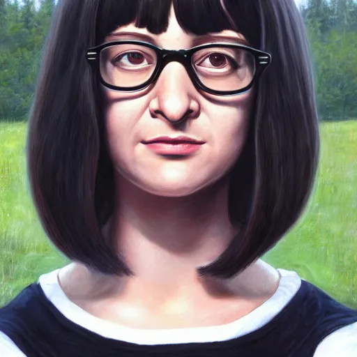 Prompt: Beautiful hyperrealistic detailed matte portrait painting of Tina Belcher, by andreas rocha and john howe, and Martin Johnson