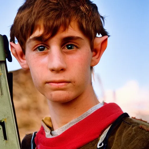 Prompt: close up headshot of a swiss teen as a skinny high-fantasy elf with a long face narrow chin and spiky blonde hair wearing dark brown overalls and holding a bomb next to a destroyed car, high resolution film still, HDR color