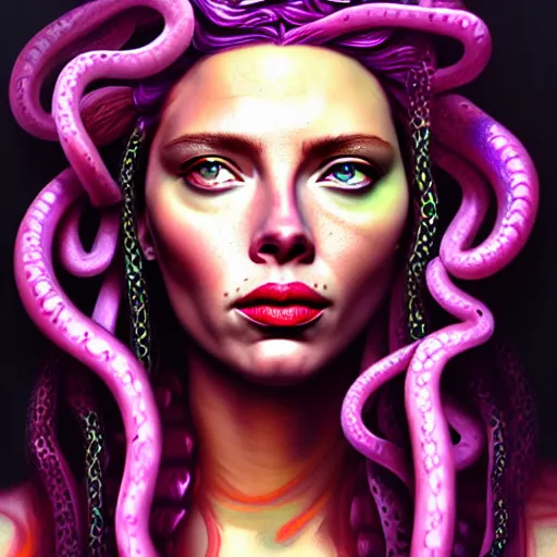 Prompt: an extremely psychedelic portrait of medusa as scarlett johanson, surreal, lsd, face, detailed, intricate, elegant, lithe, highly detailed, digital painting, artstation, concept art, smooth, sharp focus, illustration