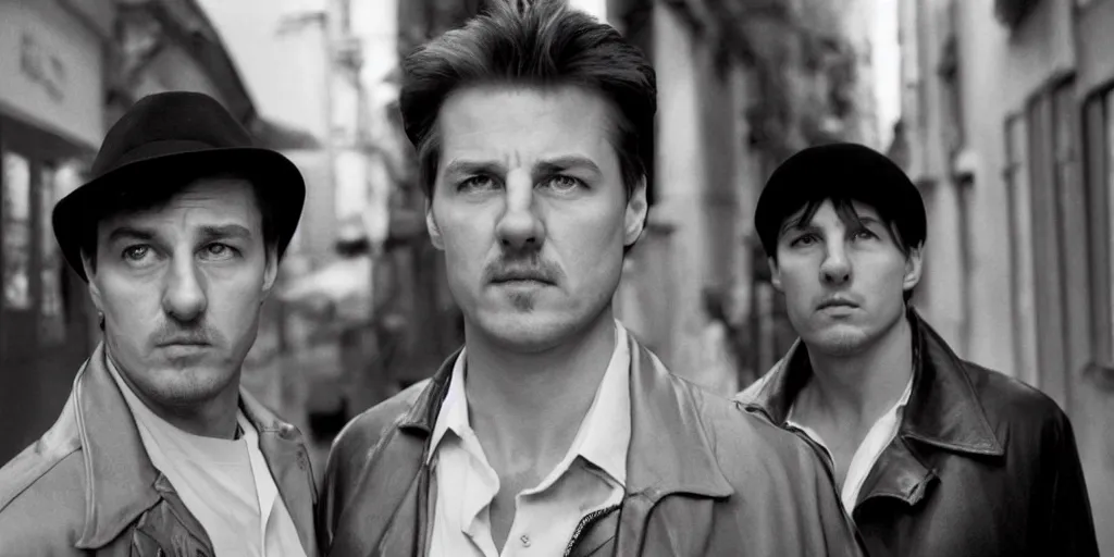 Image similar to close view headshot portrait of a pair alexandr zembatov and mikhail alontsev, tall and small, posing on a street in gangsta comedy of 1990s, movie shot, Edward Norton, Tom Cruise, Lock, Stock and Two Smoking Barrels