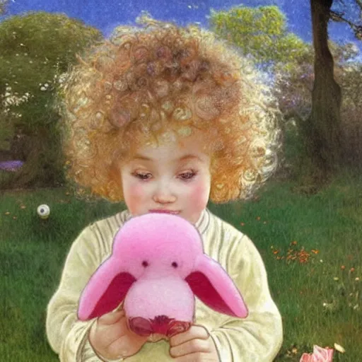 Image similar to a beautiful [[[[[smiling]]]]] little blonde toddler girl with short loosely curly hair, at the park on a beautiful day, holding a round all-pink stuffed penguin, by Artgerm, Mucha Klimt, Hiroshi Yoshida and Craig Mullins, featured on Artstation, CGSociety, Behance HD, Deviantart
