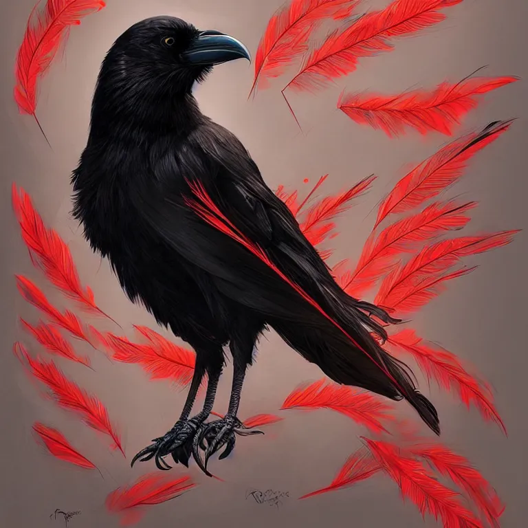 Image similar to beautiful black raven bird with long red feather highlights, cute, intricate, highly detailed, digital painting, trending on artstation, concept art, smooth, sharp focus, backlit, rim light, vivid colors, illustration, unreal engine 5, 8 k, art by rossdraws and alphonse mucha