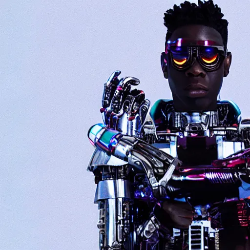 Image similar to a cinematic film still of rapper unotheactivist as a cybernetic cyborg, cgi, surrealism, film photography