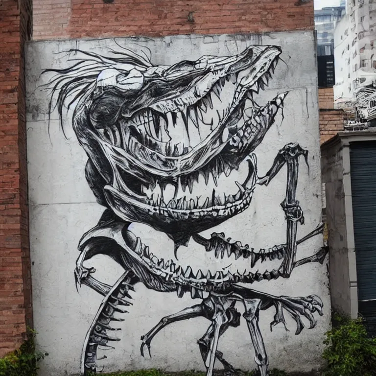 Image similar to Street-art painting of crocodile skeleton in style of Banksy, comic character, cute skeleton, cartoon style, photorealism