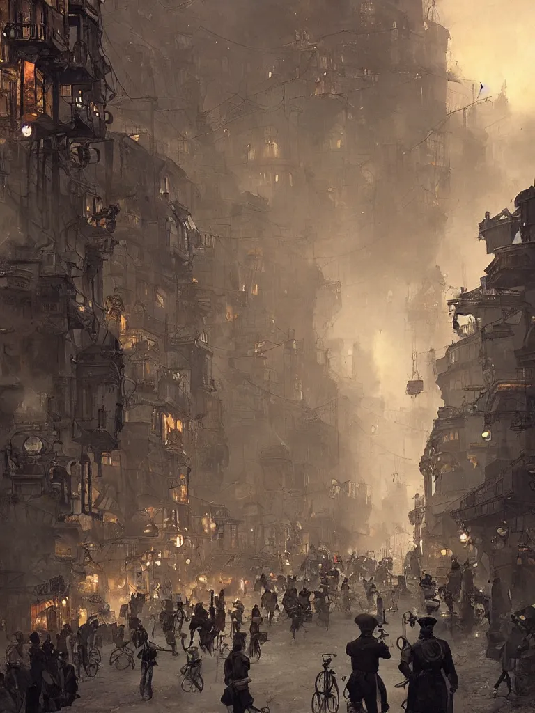 Image similar to a large dieselpunk and steampunk city street at dusk in russia during the 1 9 1 0 revolution, craig mullins