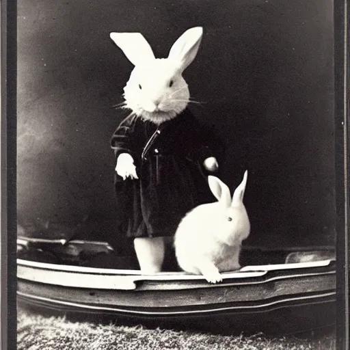 Image similar to a victorian photograph of a white rabbit on a rowboat