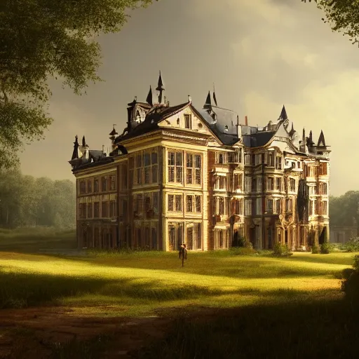 Prompt: matte painting of a countryside landscape of a noble estate with xix century manor. fantastical, elegant, intricate elaborate, brown brick, opulent, archways, columns, balcony, towers, verdant lawn. sharp focus, smooth detailed digital art trending in artstation