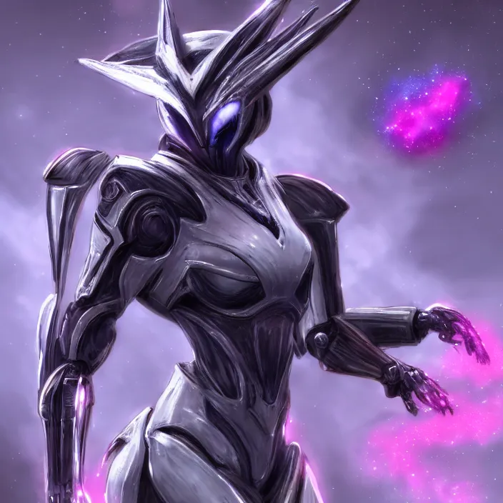 Image similar to cinematic shot, bust, cosmic sized perfectly proportioned stunning hot female warframe, robot mecha female dragon head, silver armor, fuschia leds, floating in empty space, nebula sized, holding a galaxy, epic proportions, epic size, epic scale, furry art, dragon art, giantess art, warframe fanart, furaffinity, deviantart