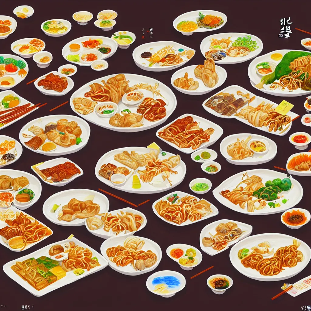 Image similar to a painting of a table full of korean foods, concept art by taro yamamoto, pixiv contest winner, auto - destructive art, official art, concept art, pixiv