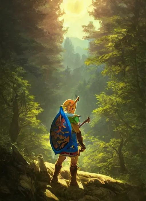 Image similar to link legend of zelda with shield on his back standing at a forest looking for adventure in the mountains, tall trees, landscape is lush, moody sunset in background, greg rutkowski, alphonse mucha, trending on artstation, artgerm, unreal engine, breathtaking, award winning, highly detailed