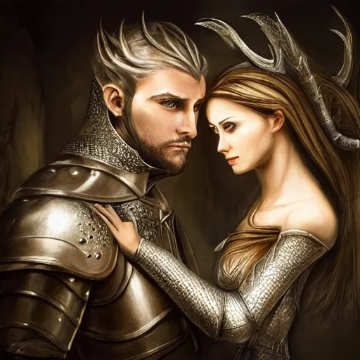 Prompt: portrait of a human knight with his elven wife, fantasy, medieval, sharp focus, realistic, concept art, trending, high detail, elegant woman, intricate facial detail, masterpiece, high resolution, man, woman