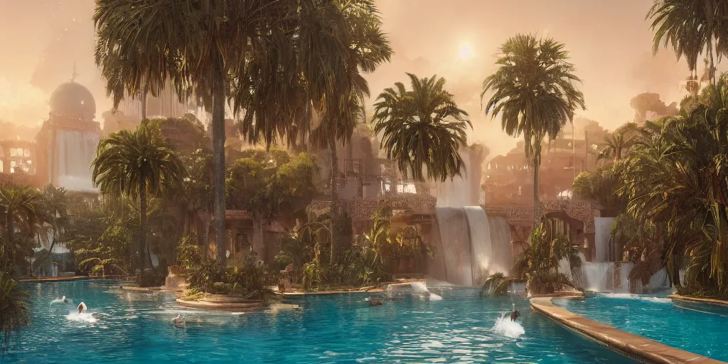 Prompt: beautiful pool waterfalls surrounded by palm trees, moroccan tile archways, industrial buildings, rusty metal towers, sun setting, ross tran, fantasy, james jean, peter morbacher, angelarium, alchemy, luxury, heavenly light, soft illumination, trending on artstation, cinematic lighting, digital painting, octane render, artgerm