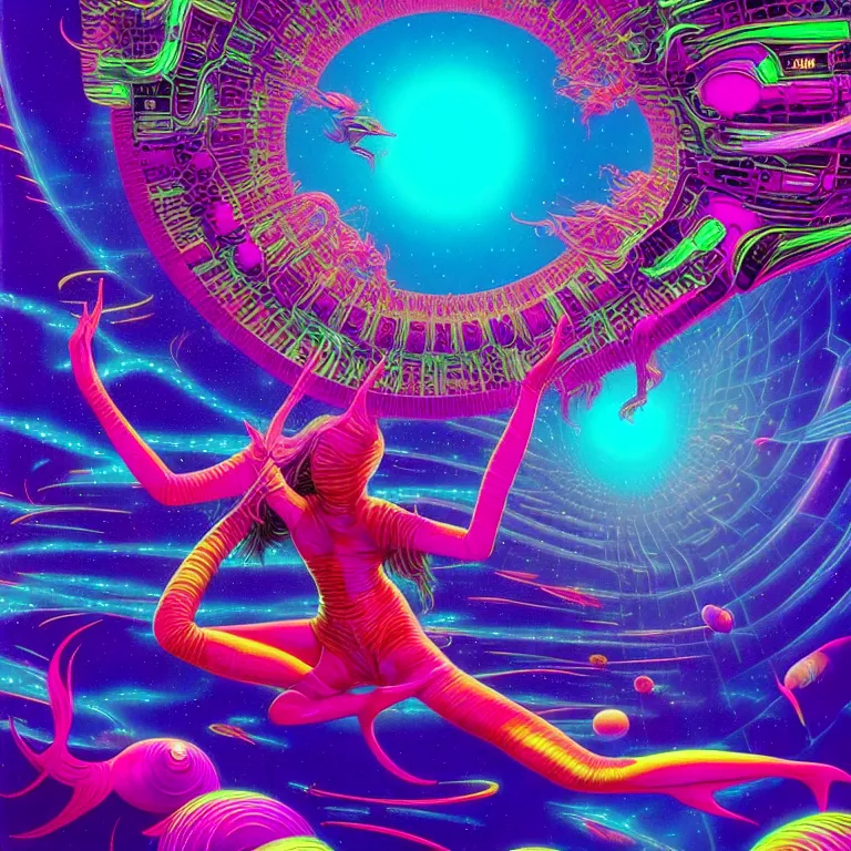 Image similar to cosmic girl and fish float over infinite crystal city, ( ( ( synthwave ) ) ), ( ( fractal waves ) ), bright neon colors, highly detailed, cinematic, tim white, roger dean, michael whelan, caza, bob eggleton, philippe druillet, vladimir kush, kubrick, alfred kelsner, isono, kimura, vallejo