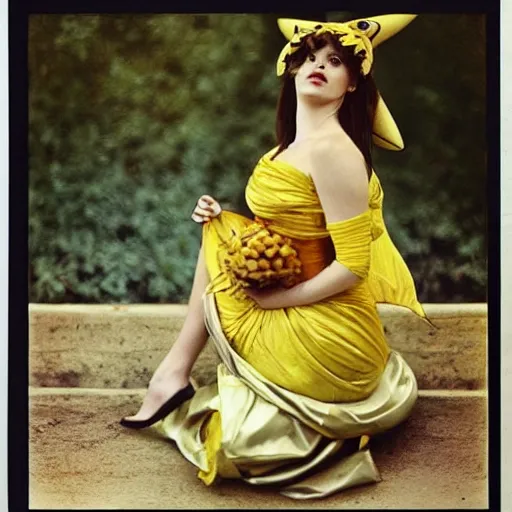 Prompt: elegant woman dressed up as pikachu, art photo by Annie Liebovitz and Alphonse Mucha