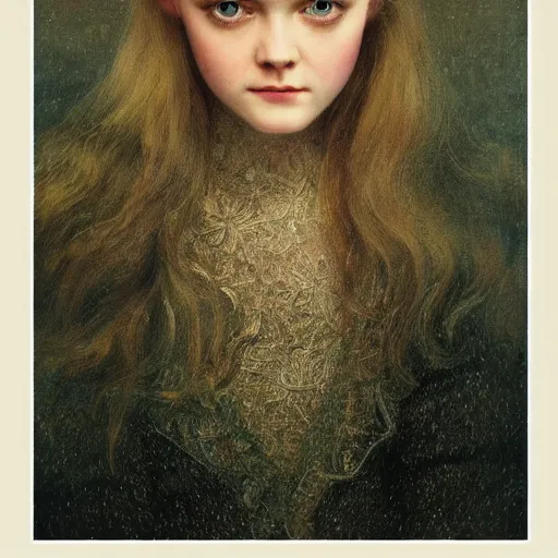 Image similar to professional painting of Elle Fanning in the style of John Atkinson Grimshaw, head and shoulders portrait, symmetrical facial features, smooth, sharp focus, illustration, intricate, stormy weather, extremely detailed masterpiece,