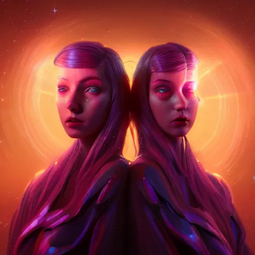 Image similar to cosmic twins, huggy wuggy from poppy playtime video game, fullbody, ultra high detailed, glowing lights, oil painting, greg rutkowski, charlie bowater, beeple, unreal 5, daz, hyperrealistic, octane render, rpg portrait, dynamic lighting, fantasy art, beautiful face