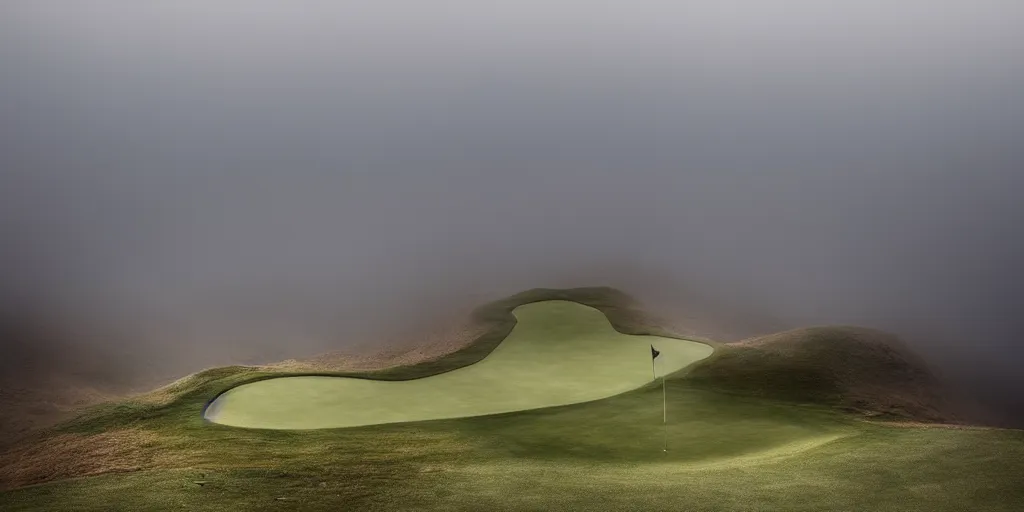 Image similar to a great photograph of the most amazing golf hole in the world, on top of the mount everest, ambient light, golf digest, top 1 0 0, fog