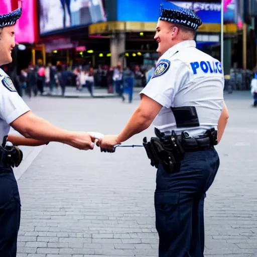 Prompt: 2 police officers handcuffing each other, smiling, time square, 4 k, photography